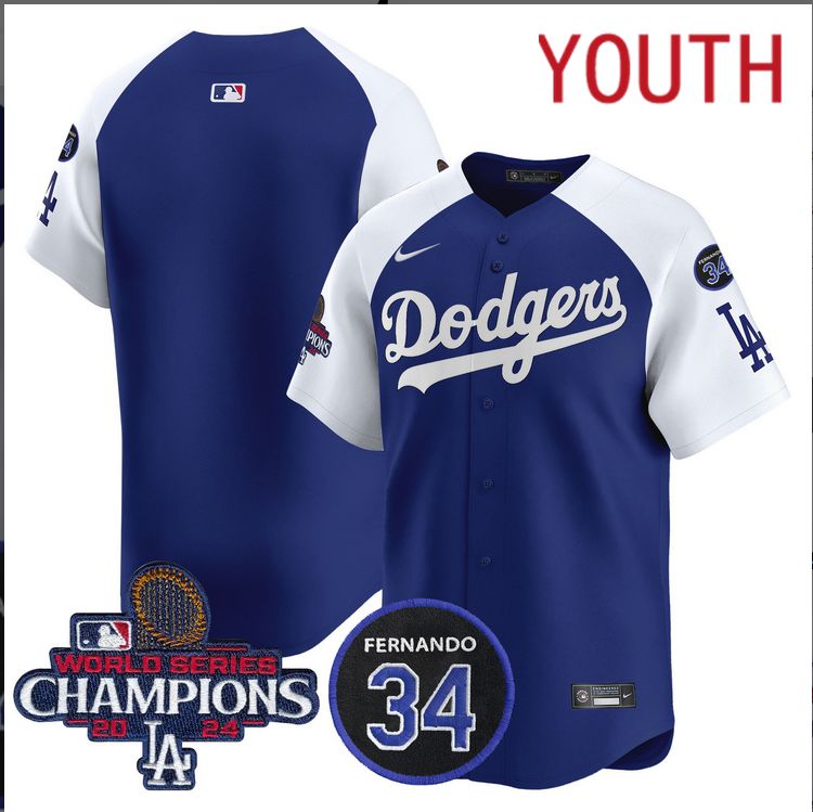 Youth MLB Los Angeles Dodgers blue white 2024 World Series Champions Patch Limited Jersey